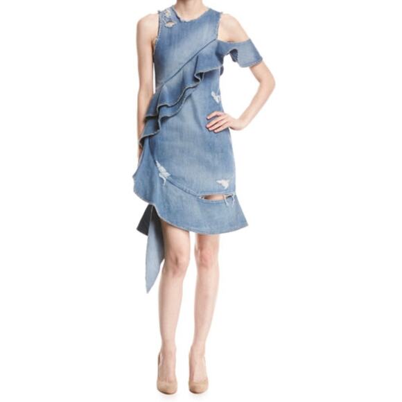 Jonathan Simkhai Dresses & Skirts - Jonathan Simkhai Asymmetric Ruffled Dress Womens 6 Distressed Indigo Denim